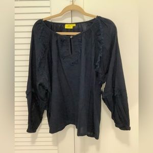 Navy Roller Rabbit cotton blouse with ruffle detail